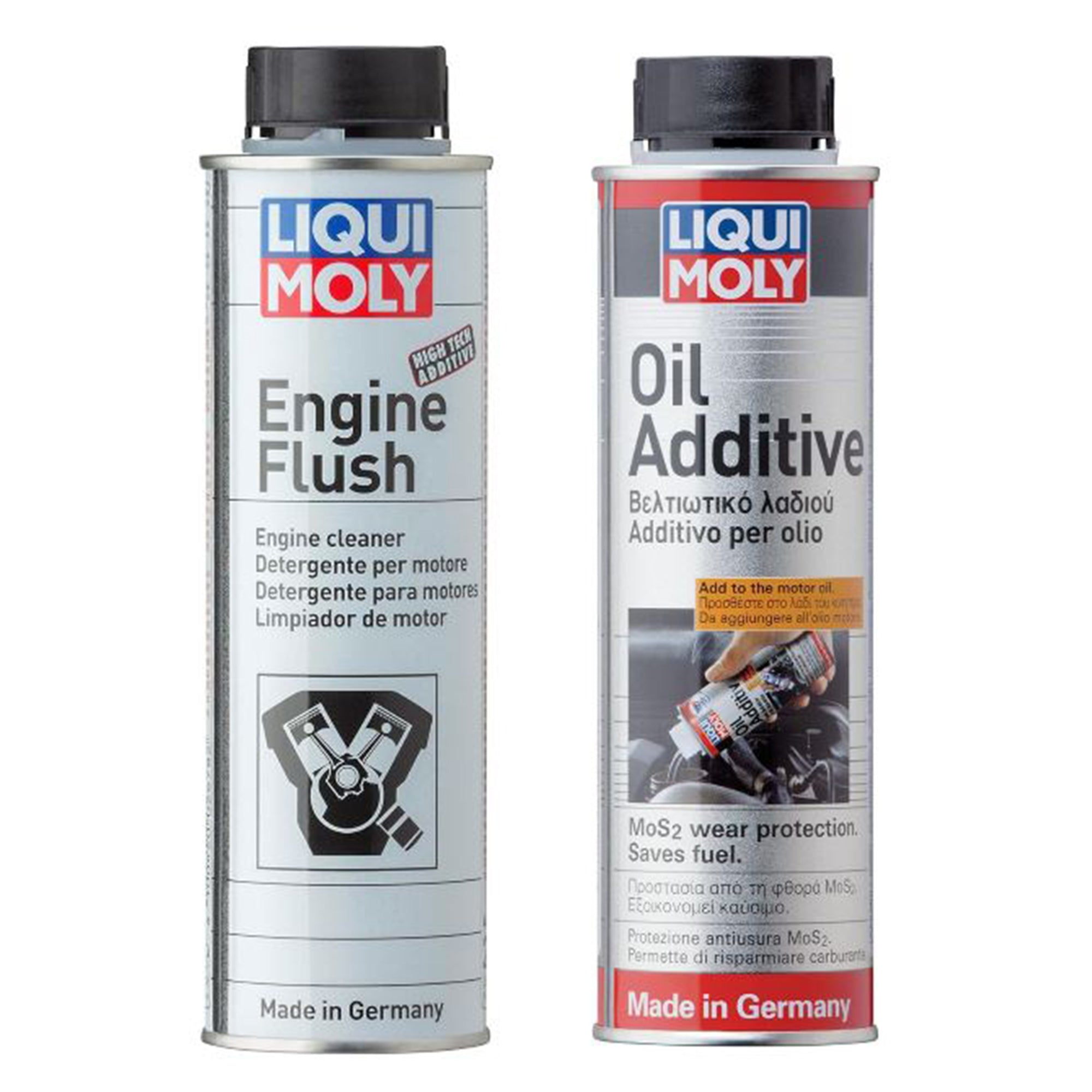 Pachet aditiv Ulei Liqui Moly cu MoS2 300 ml si solutie Liqui Moly spalare motor "Engine Flush" 300 ml