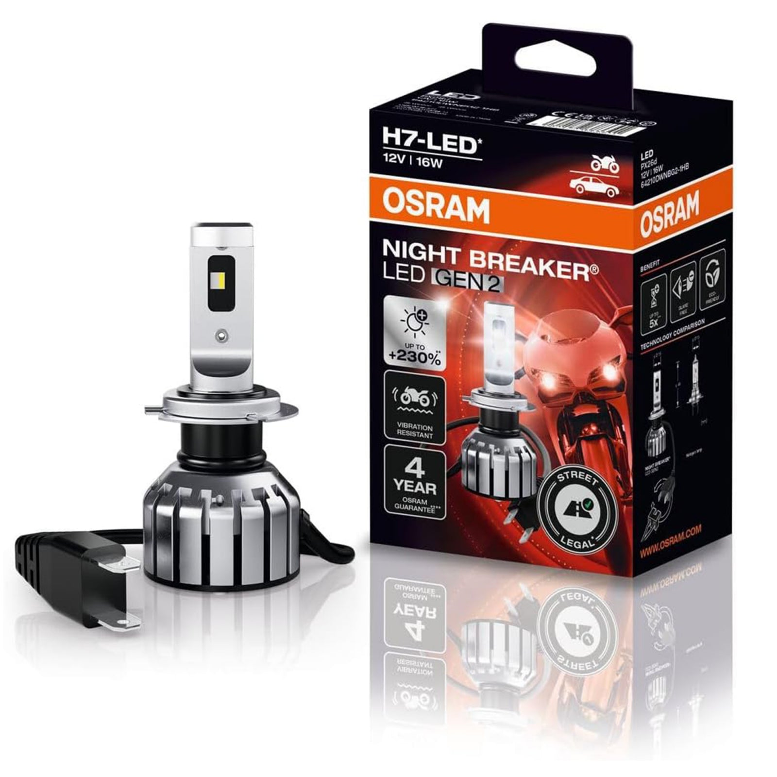 Set 2 H7 Moto Osram Night Breaker LED Gen2 omologare RAR Street Legal +230%