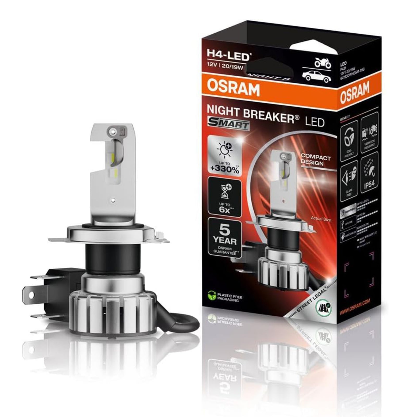 Set 2 H4 Moto Osram Smart LED omologare RAR Street Legal +330%