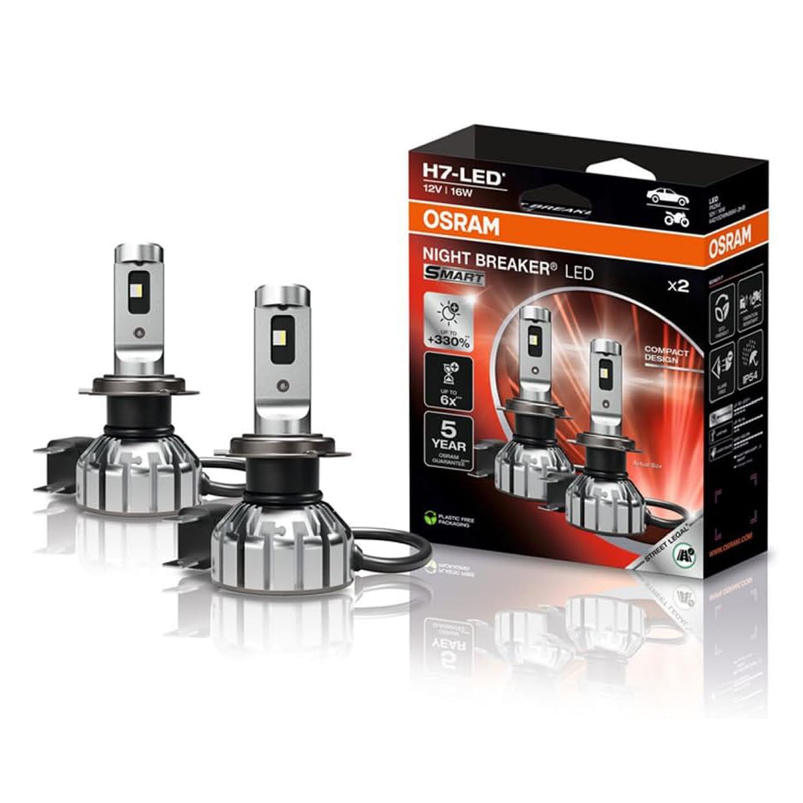 Set 2 H7 Osram Night Breaker Smart LED omologare RAR Street Legal +330%