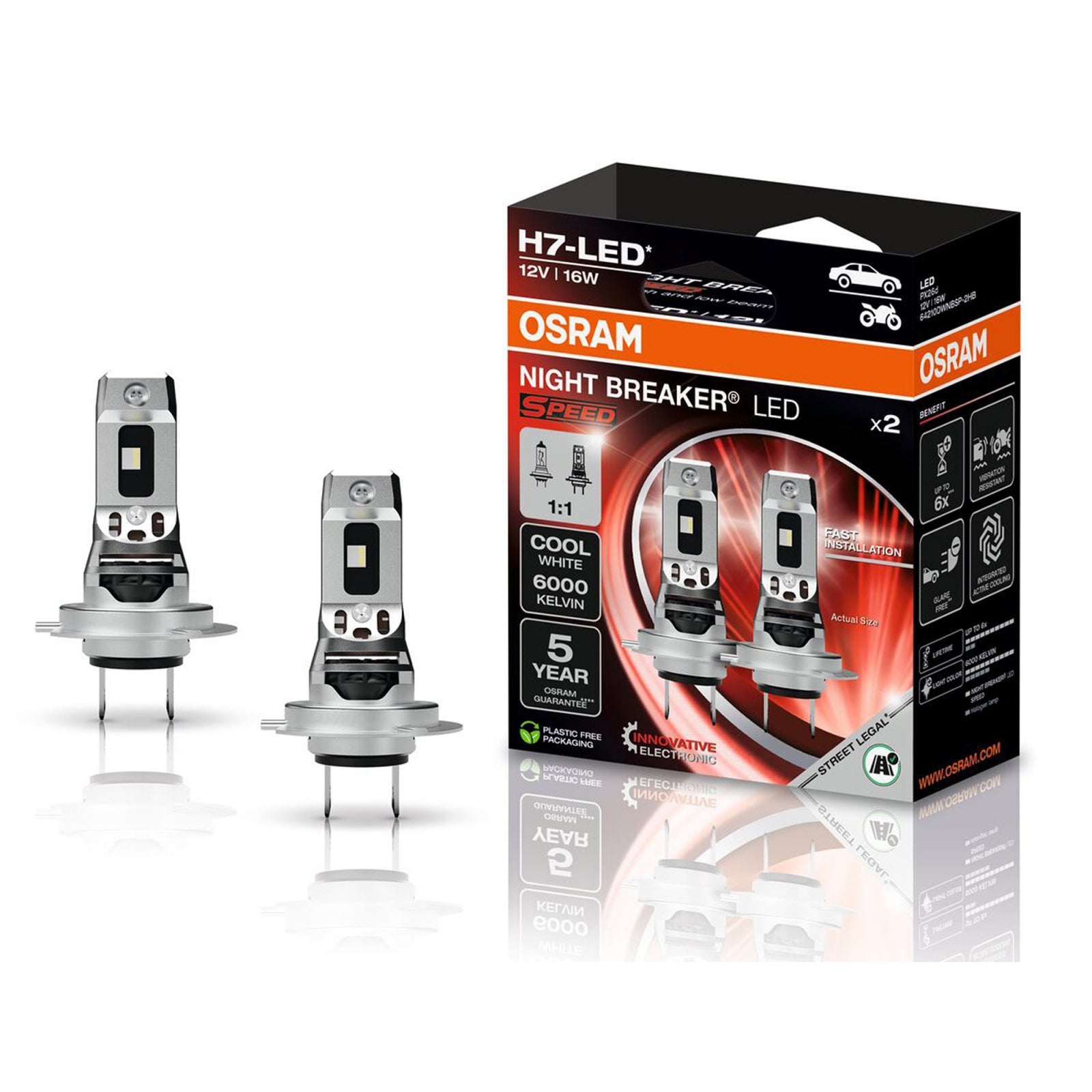 Set 2 H7 Osram Night Breaker Speed LED omologate RAR Street Legal +330%